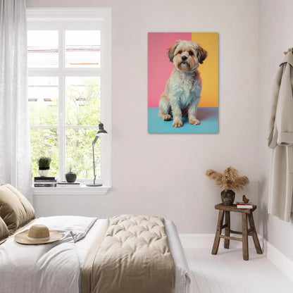 Inredningsdetalj med hundposter monterad ovanför en säng i sovrum