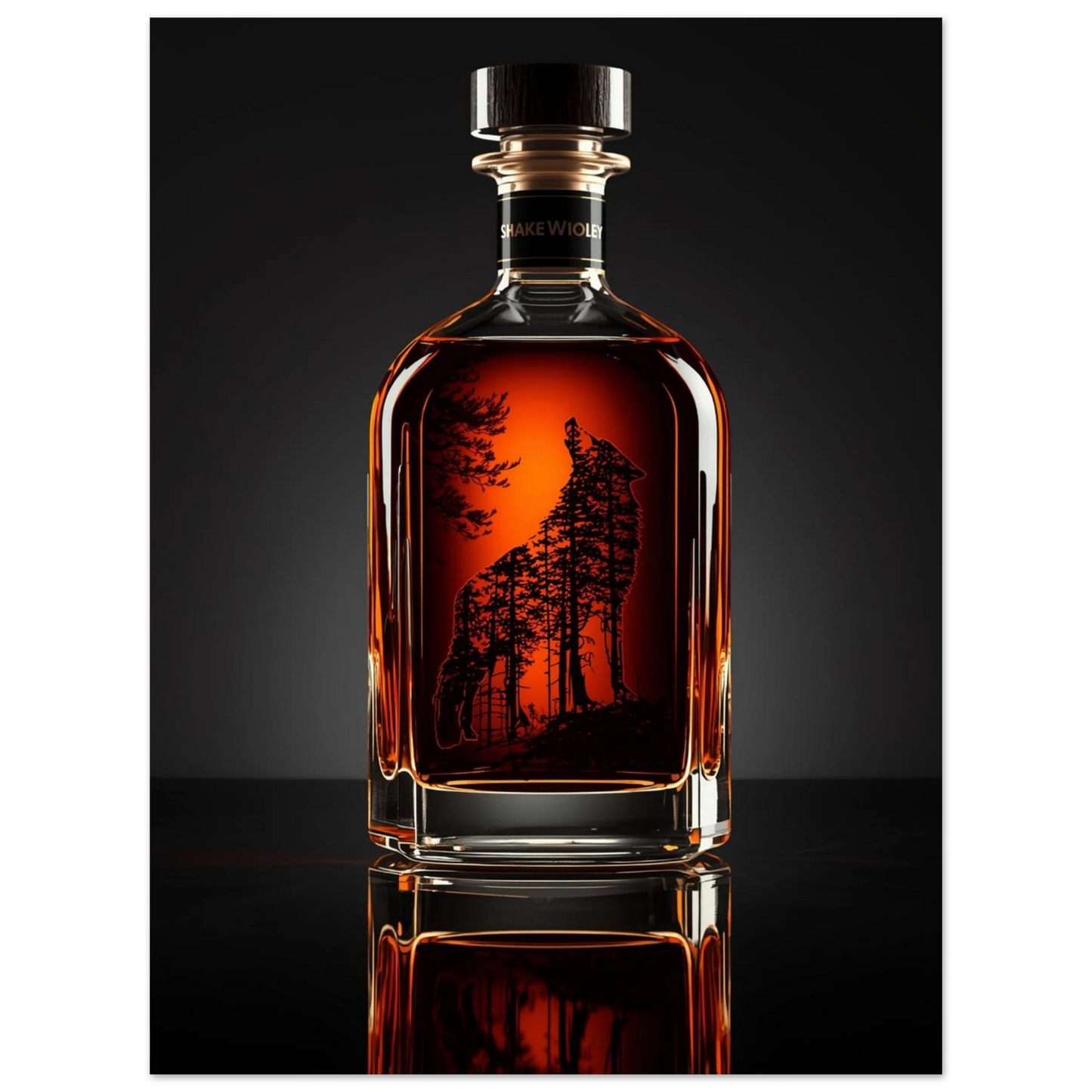 Svart siluett av varg och barrskog inuti en whiskyflaska, naturmotiv