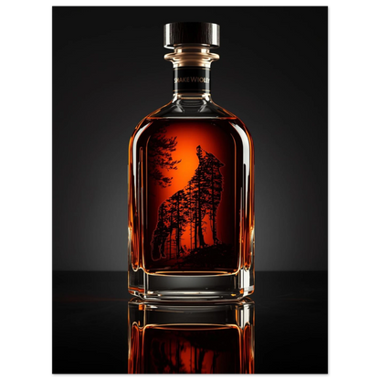 Svart siluett av varg och barrskog inuti en whiskyflaska, naturmotiv