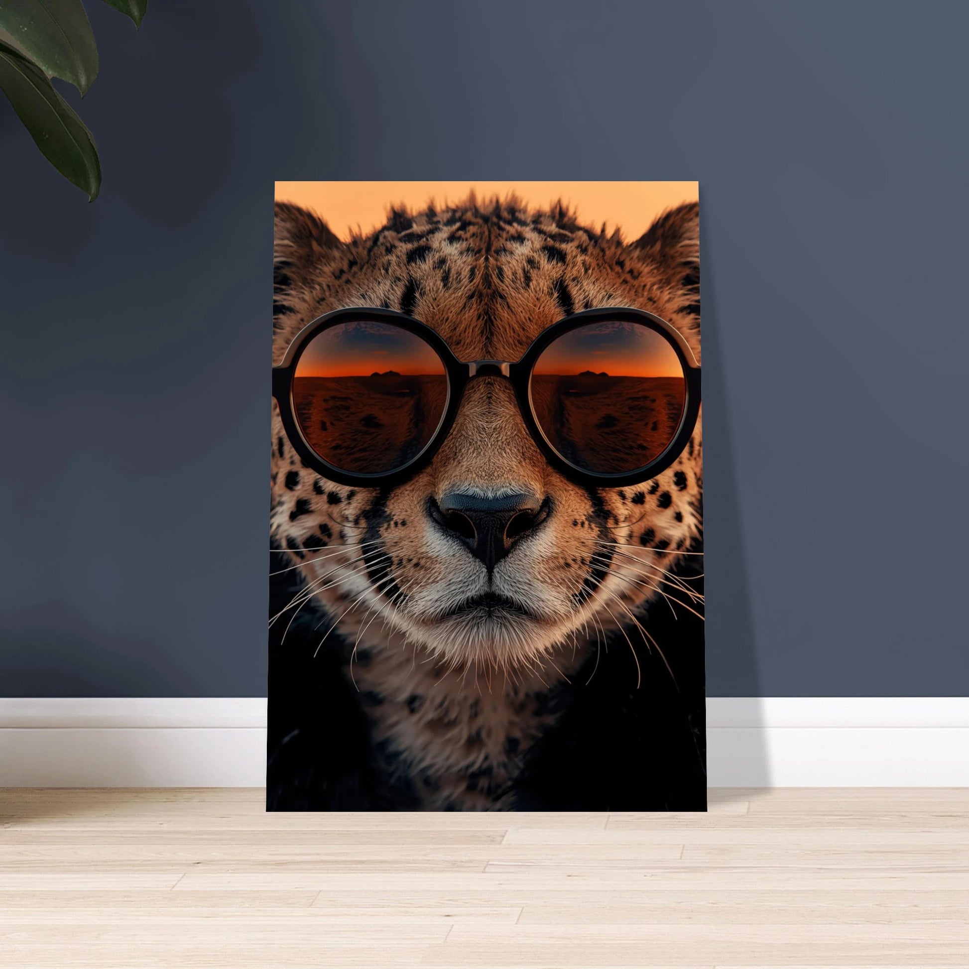 Gepard med solnedgång reflekterad i glasögon, detaljerad närbild