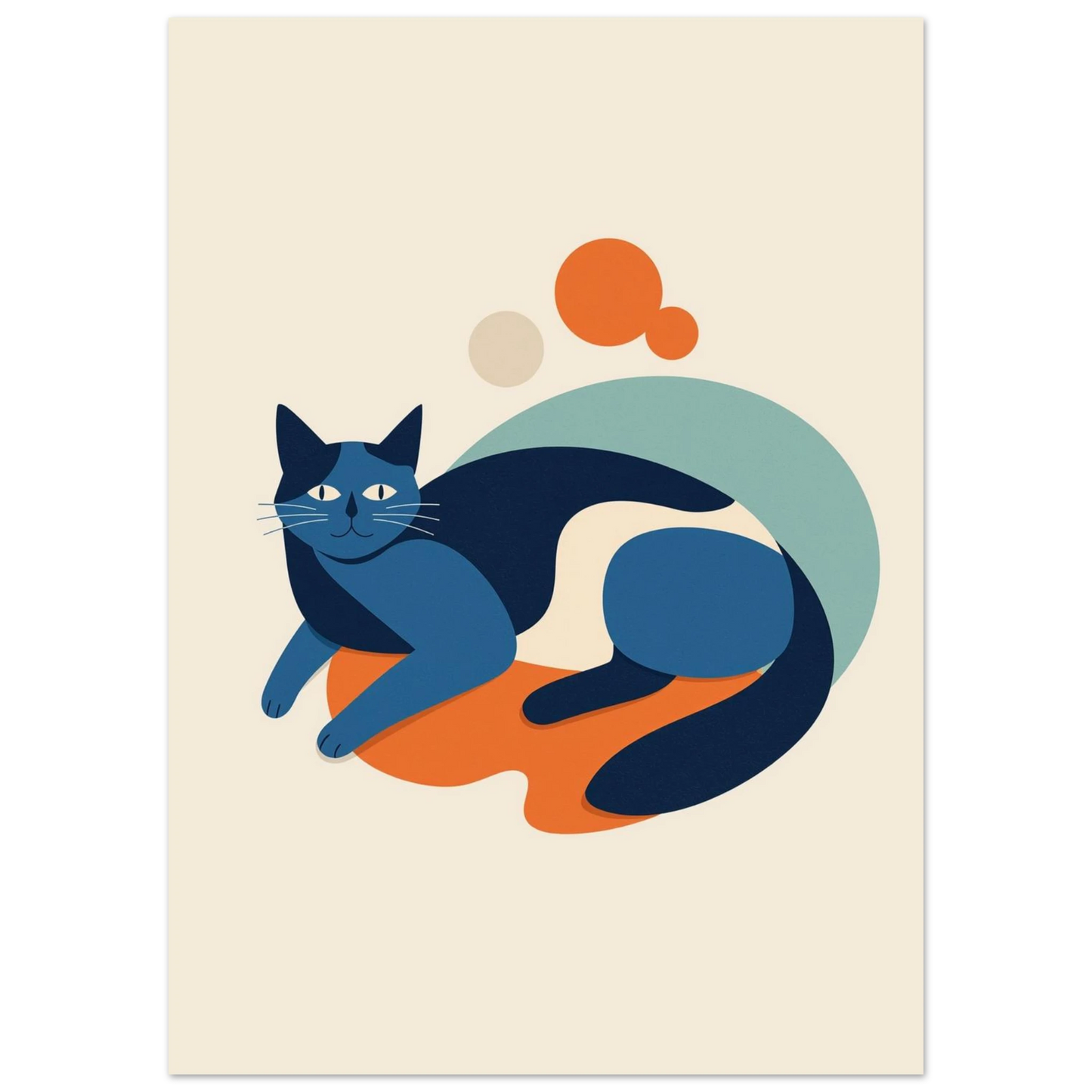 Stiliserad mörkblå katt vilar i en grafisk illustration med runda former