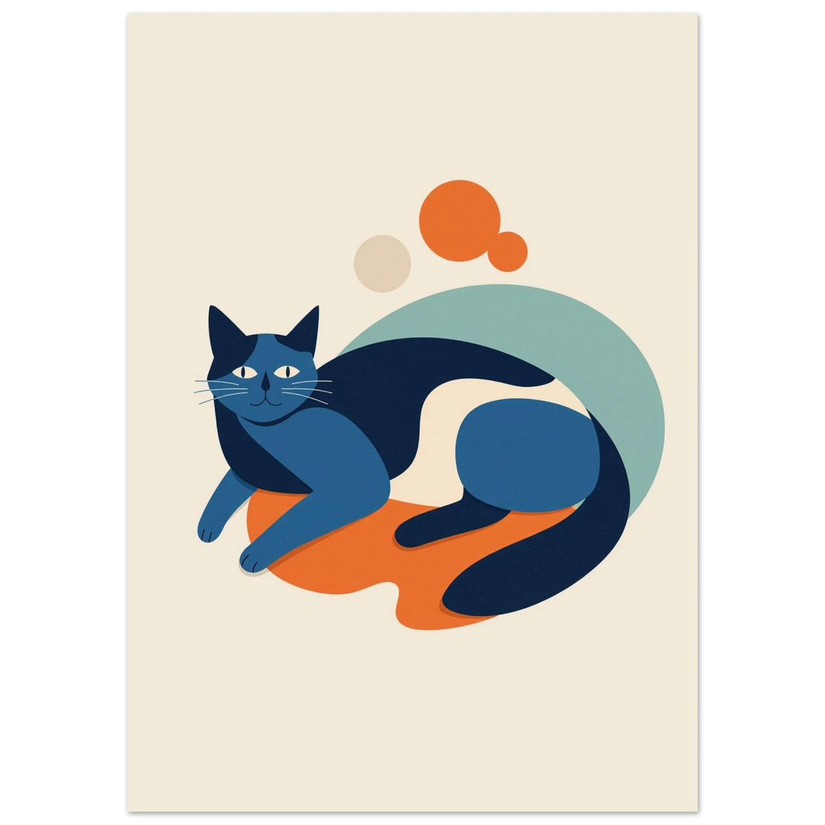 Stiliserad mörkblå katt vilar i en grafisk illustration med runda former