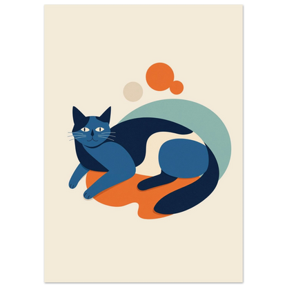 Stiliserad mörkblå katt vilar i en grafisk illustration med runda former