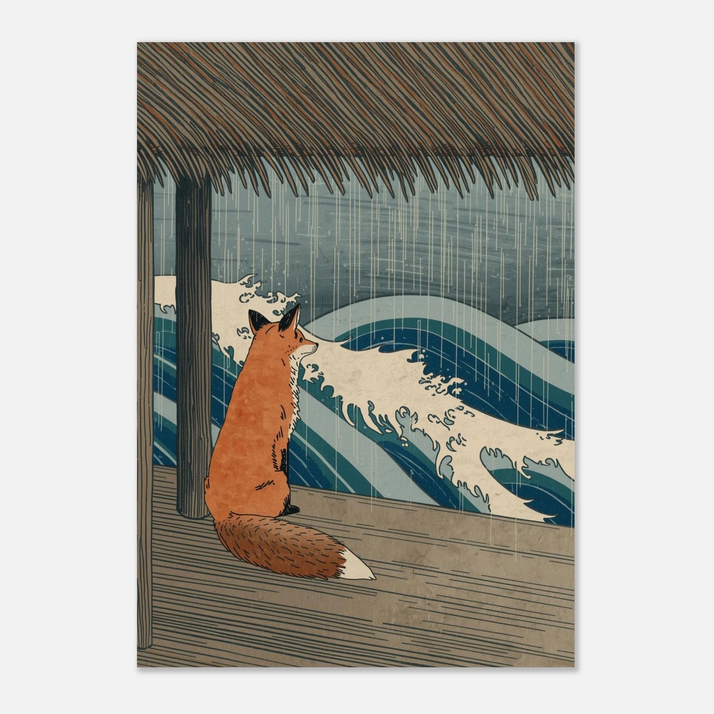 Minimalistisk poster med rävmotiv i gryningsljus vid havet, vit papperskant