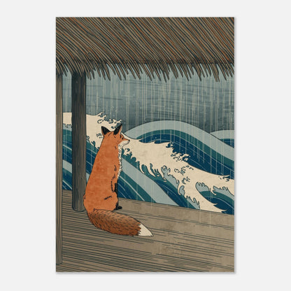 Minimalistisk poster med rävmotiv i gryningsljus vid havet, vit papperskant
