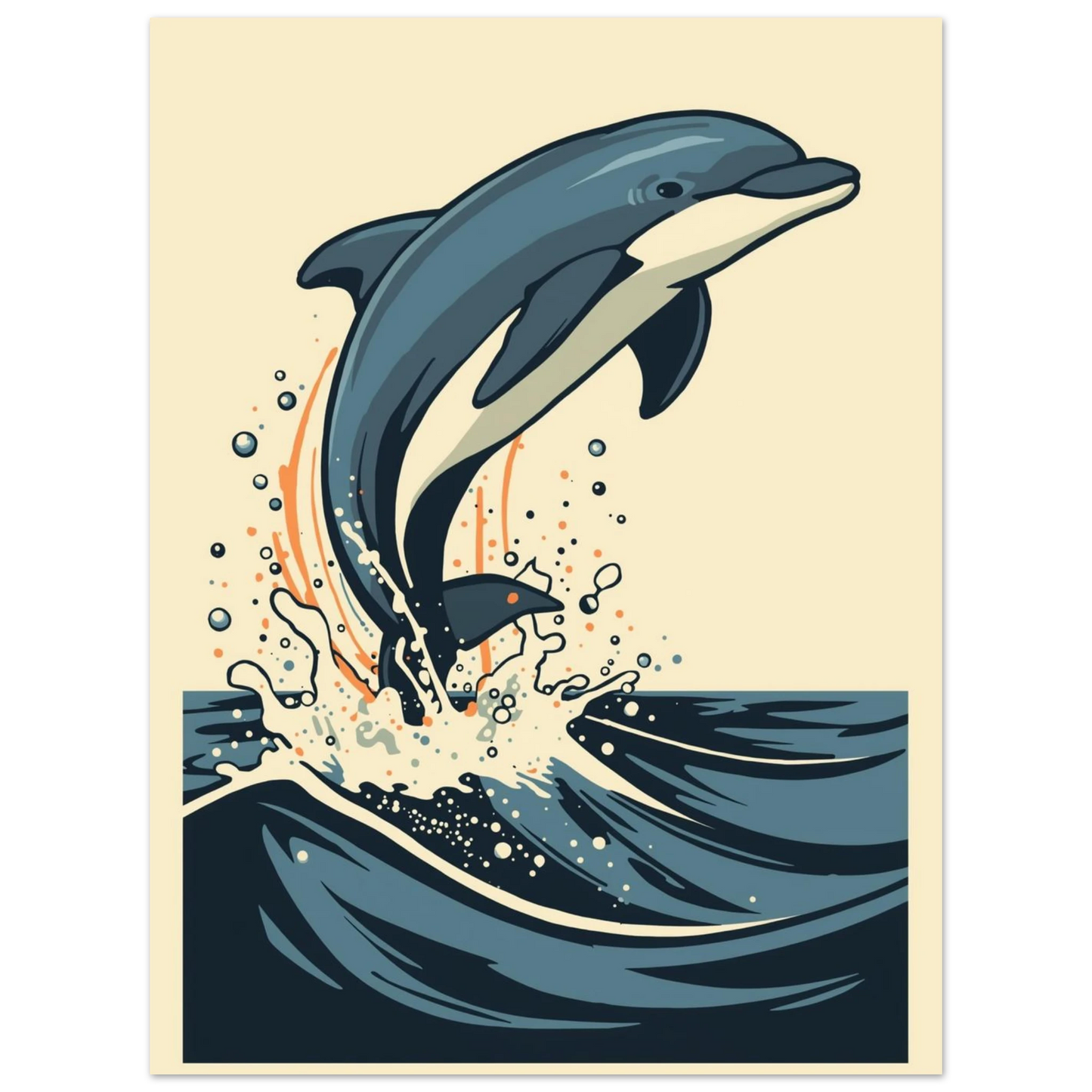 Illustration av en delfin i luften ovanför mörkblått hav, djurposter