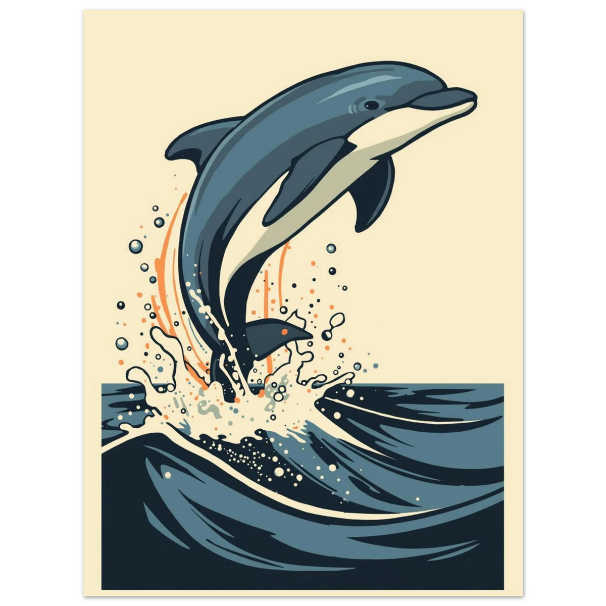 Illustration av en delfin i luften ovanför mörkblått hav, djurposter