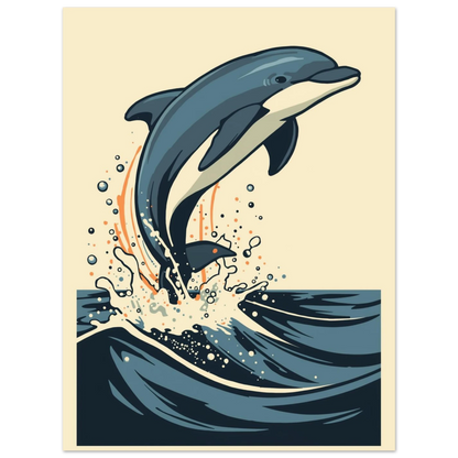 Illustration av en delfin i luften ovanför mörkblått hav, djurposter