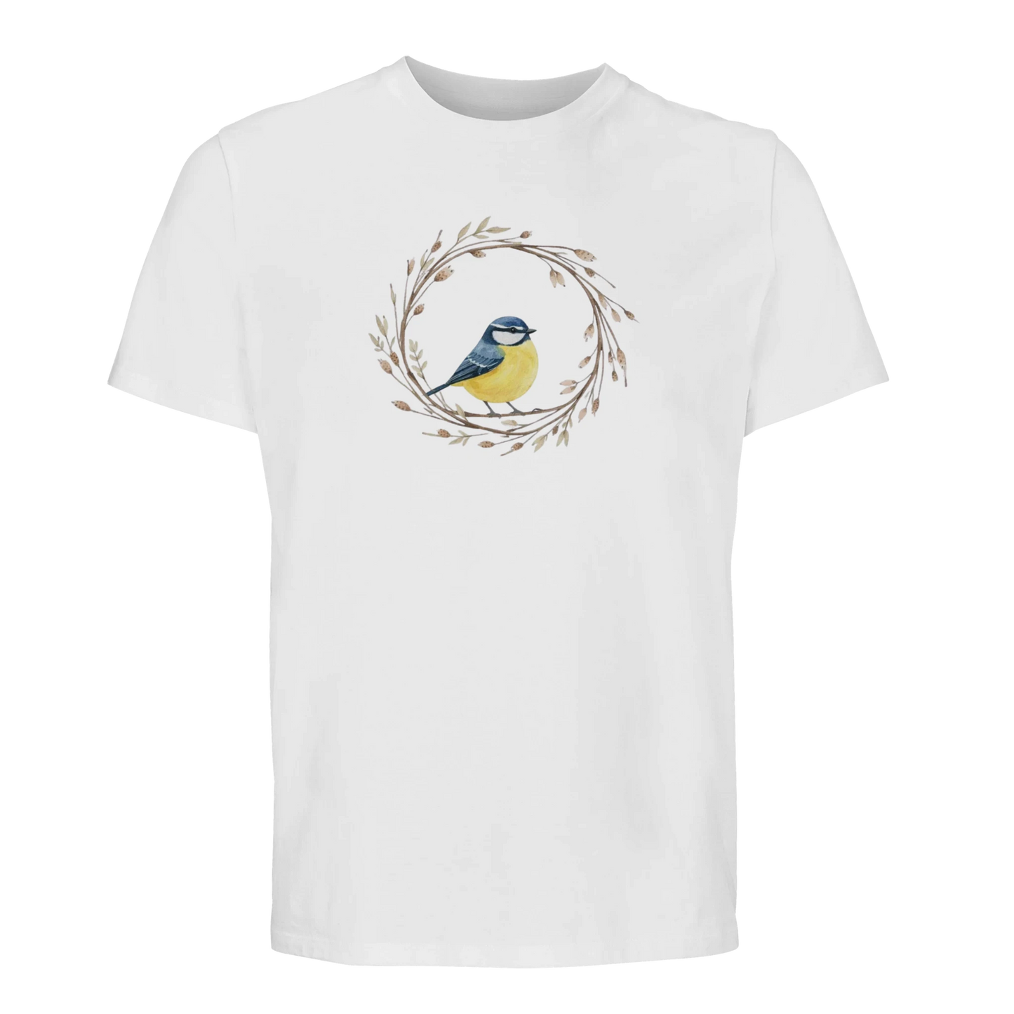 Vit ekologisk t-shirt med blåmes i en flätad grenkrans, akvarellstil