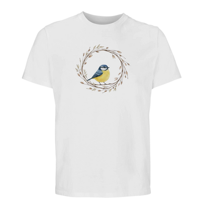Vit ekologisk t-shirt med blåmes i en flätad grenkrans, akvarellstil