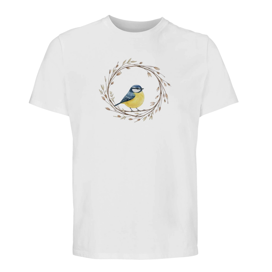 Vit ekologisk t-shirt med blåmes i en flätad grenkrans, akvarellstil