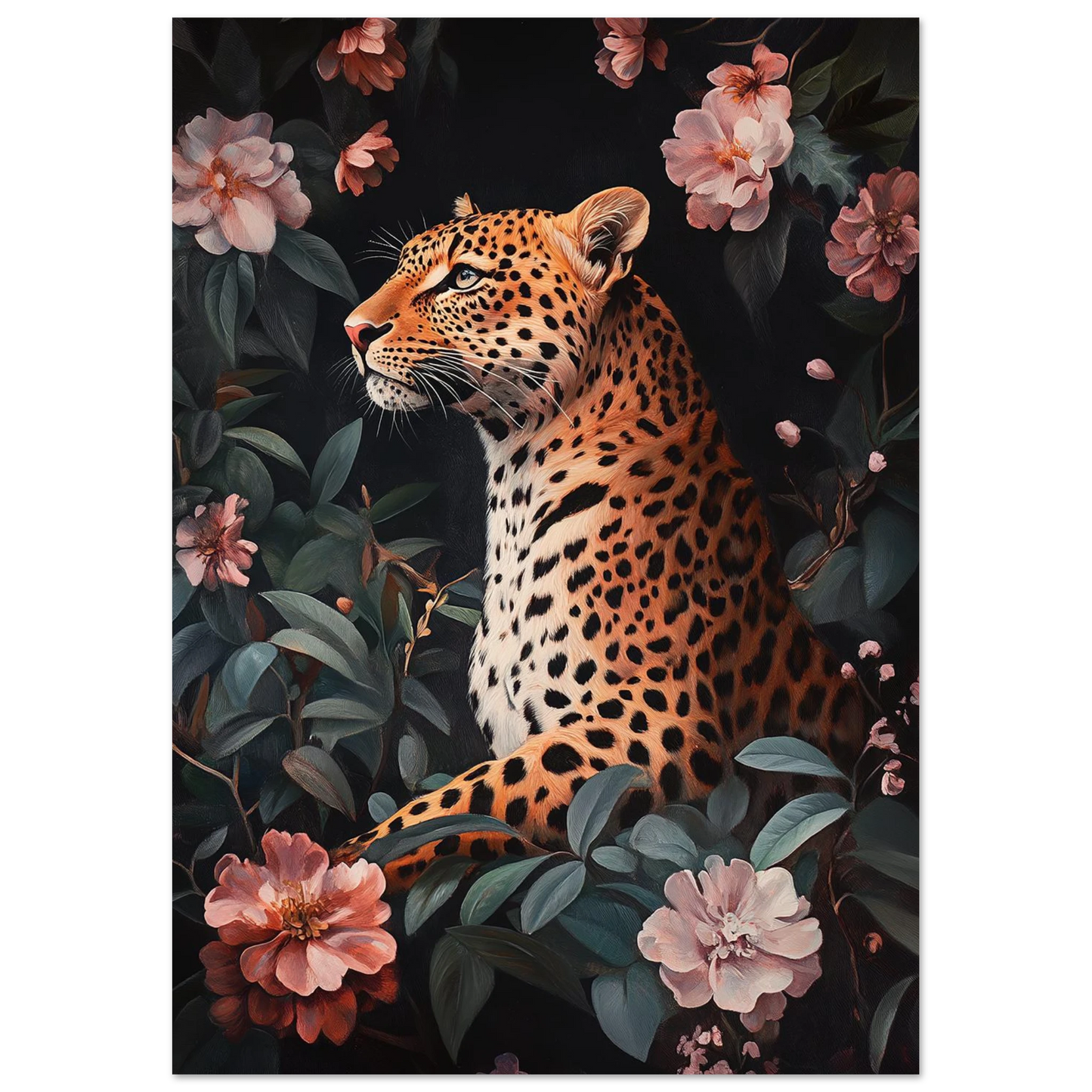 Majestätisk leopard i en nattlig trädgård med blomstrande detaljer, botanisk djurposter