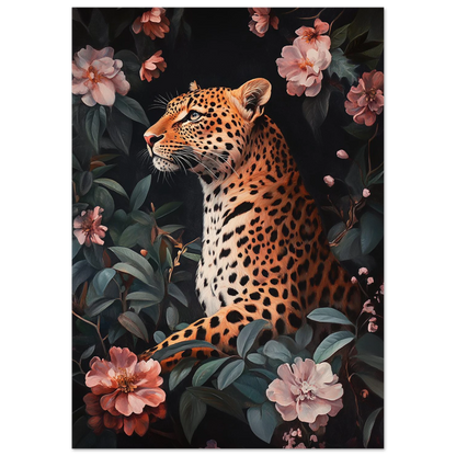 Majestätisk leopard i en nattlig trädgård med blomstrande detaljer, botanisk djurposter