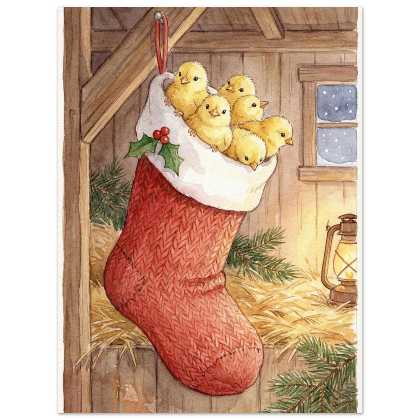 Lantlig julstämning med kycklingar i en socka och halm – djurtavla