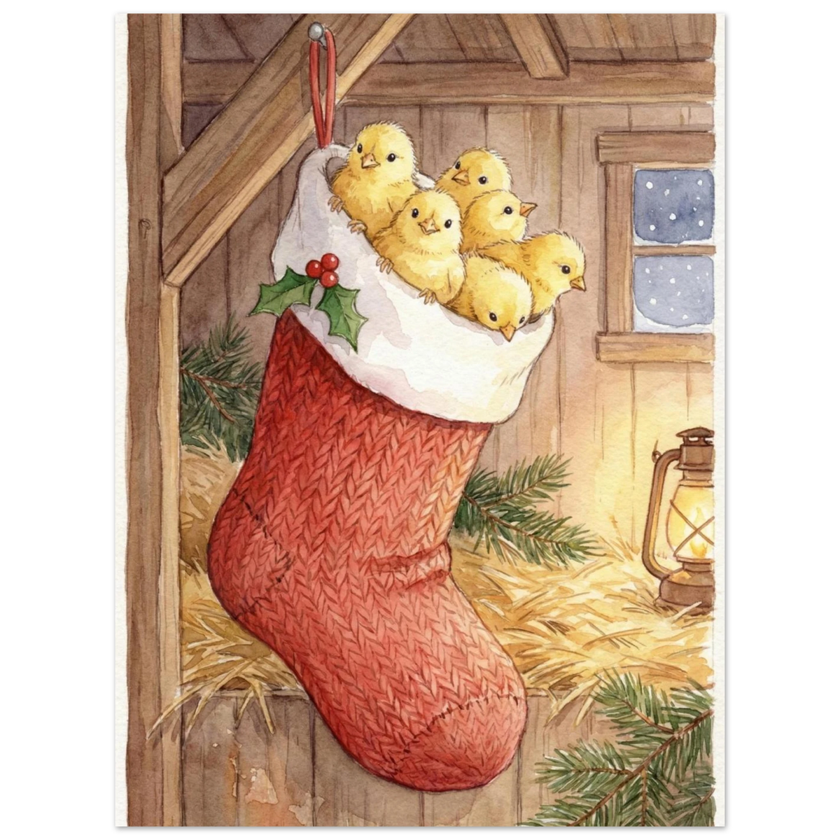 Lantlig julstämning med kycklingar i en socka och halm – djurtavla