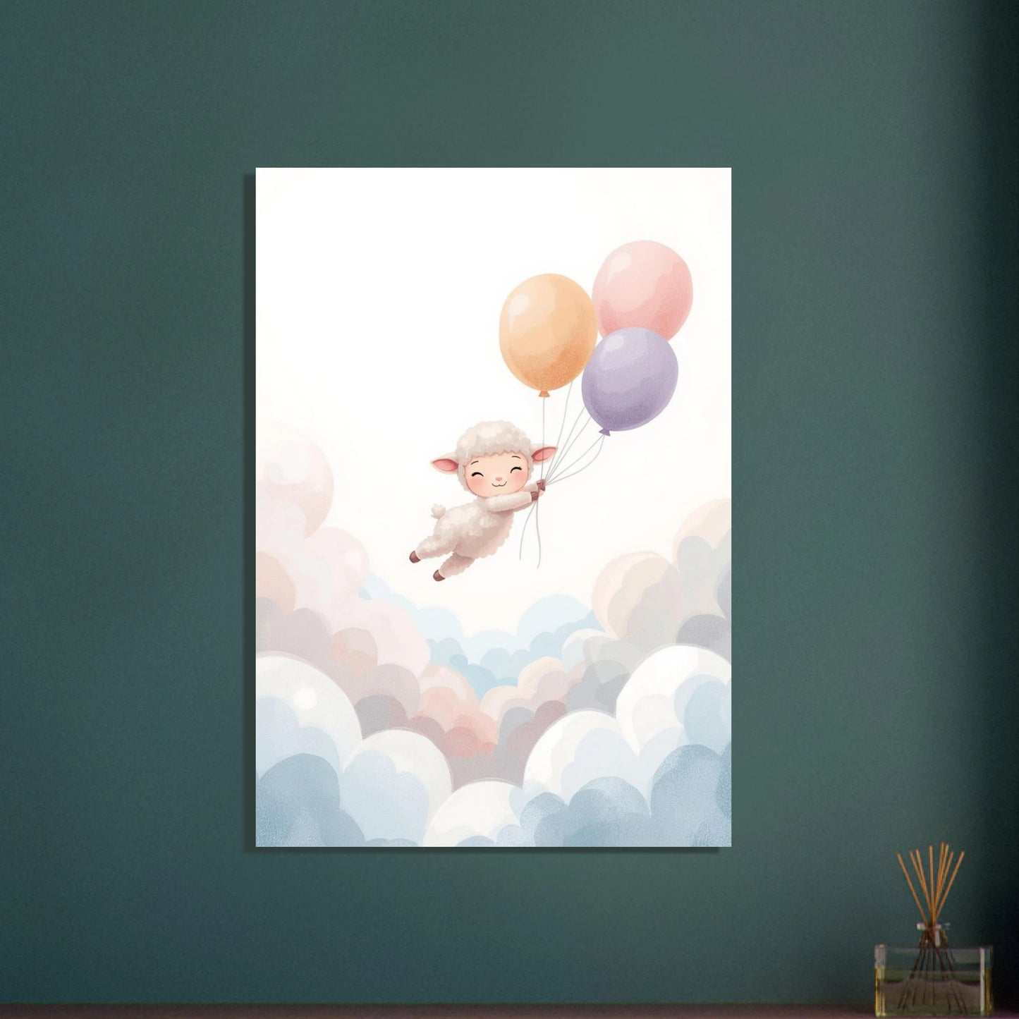 Litet lamm svävar med ballonger bland moln, drömsk illustration