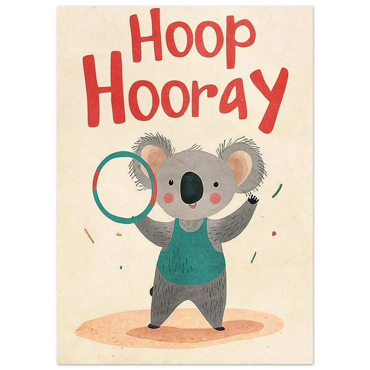 Illustration av tränande koala med rockring och röd text – djurmotiv