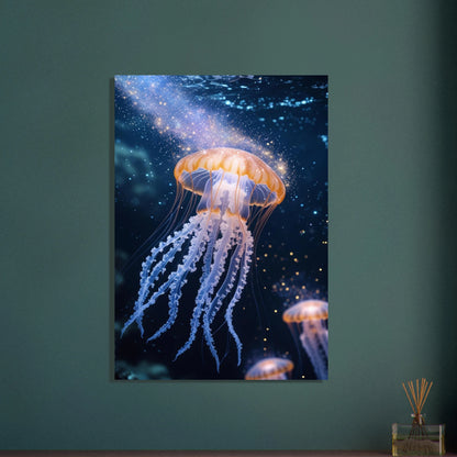 Lysande manet med långa tentakler i ett stjärnliknande djuphav.