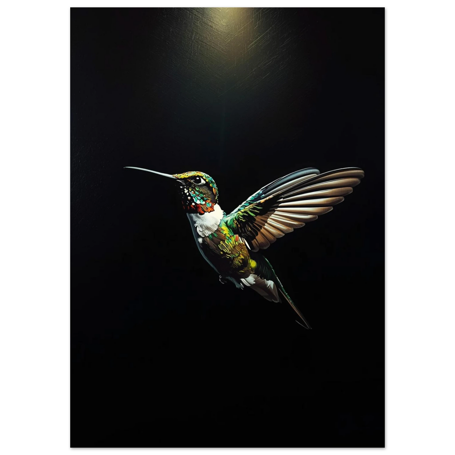 Närbild på kolibri med gröna och röda detaljer i oljemålningsteknik