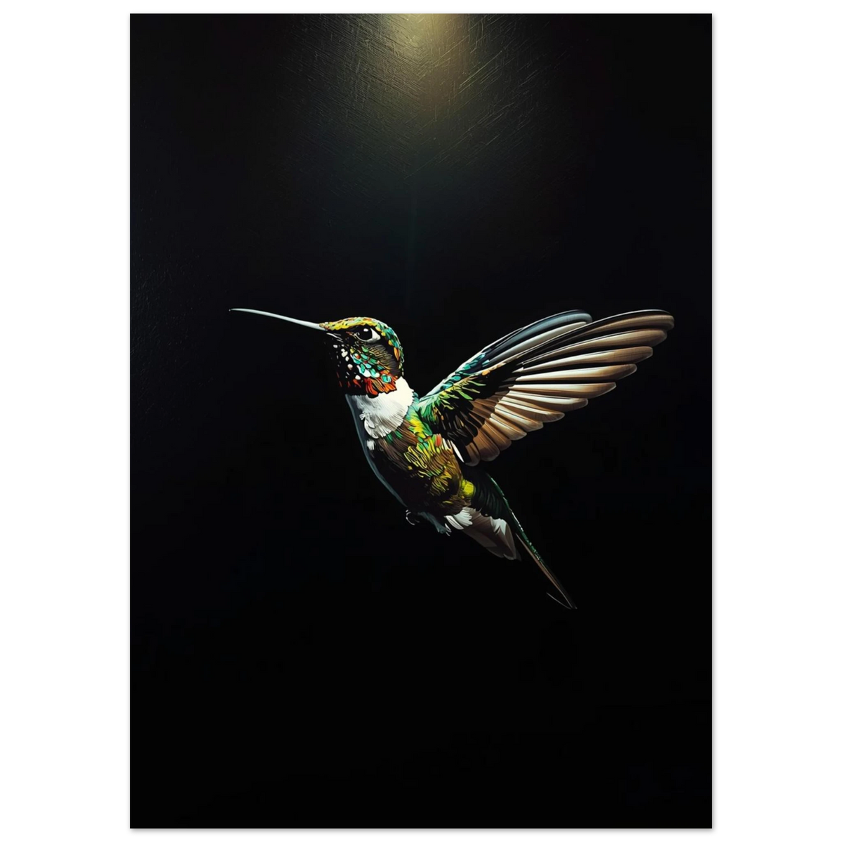 Närbild på kolibri med gröna och röda detaljer i oljemålningsteknik