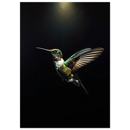 Närbild på kolibri med gröna och röda detaljer i oljemålningsteknik