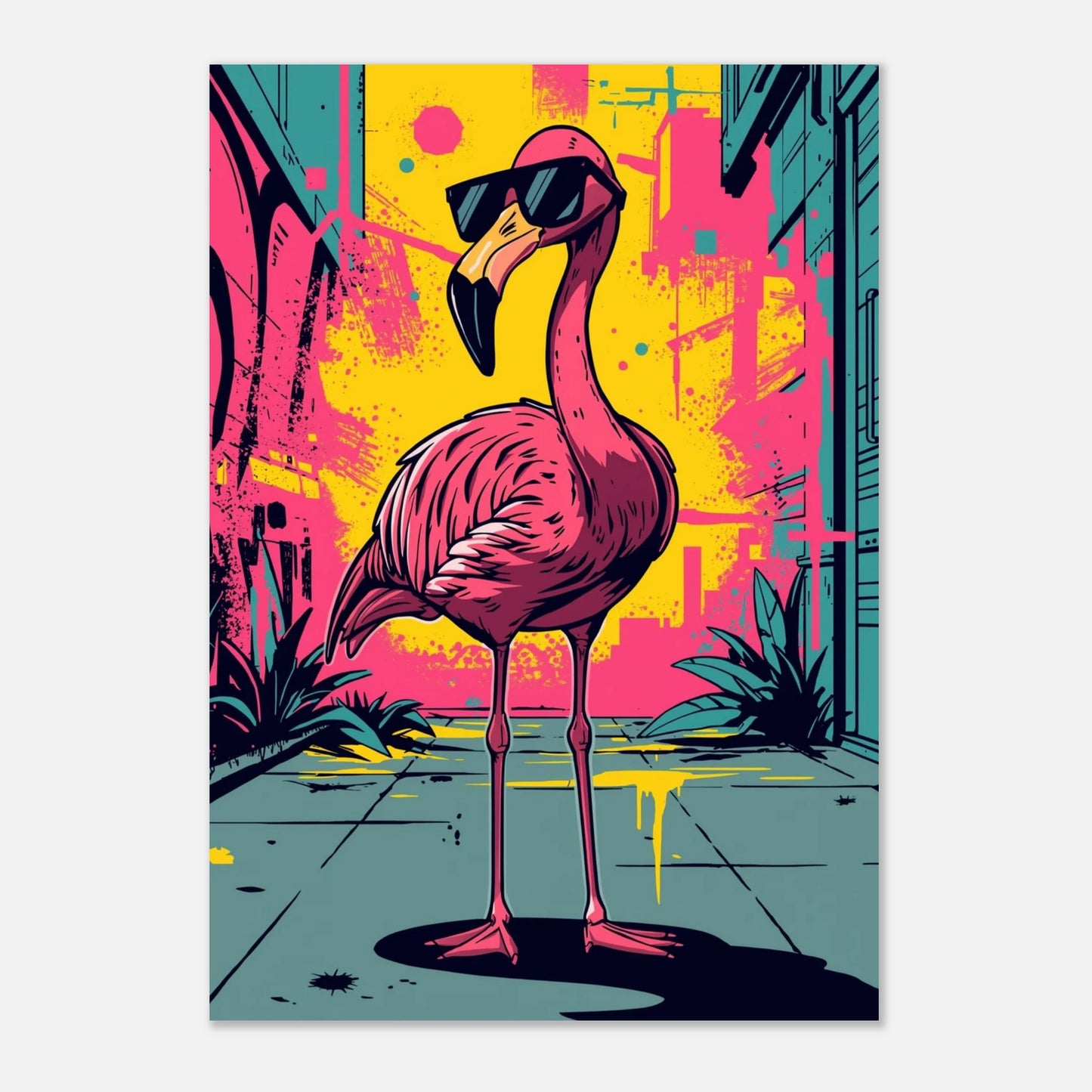 Rosa flamingo med attityd i en färgstark stadsmiljö, lekfull djurposter