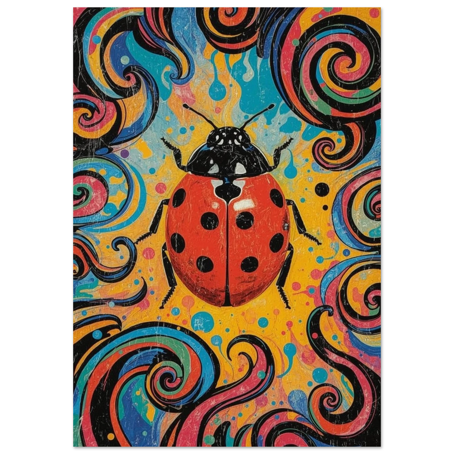 Abstrakt poster med en röd nyckelpiga i psykedelisk pop art-stil