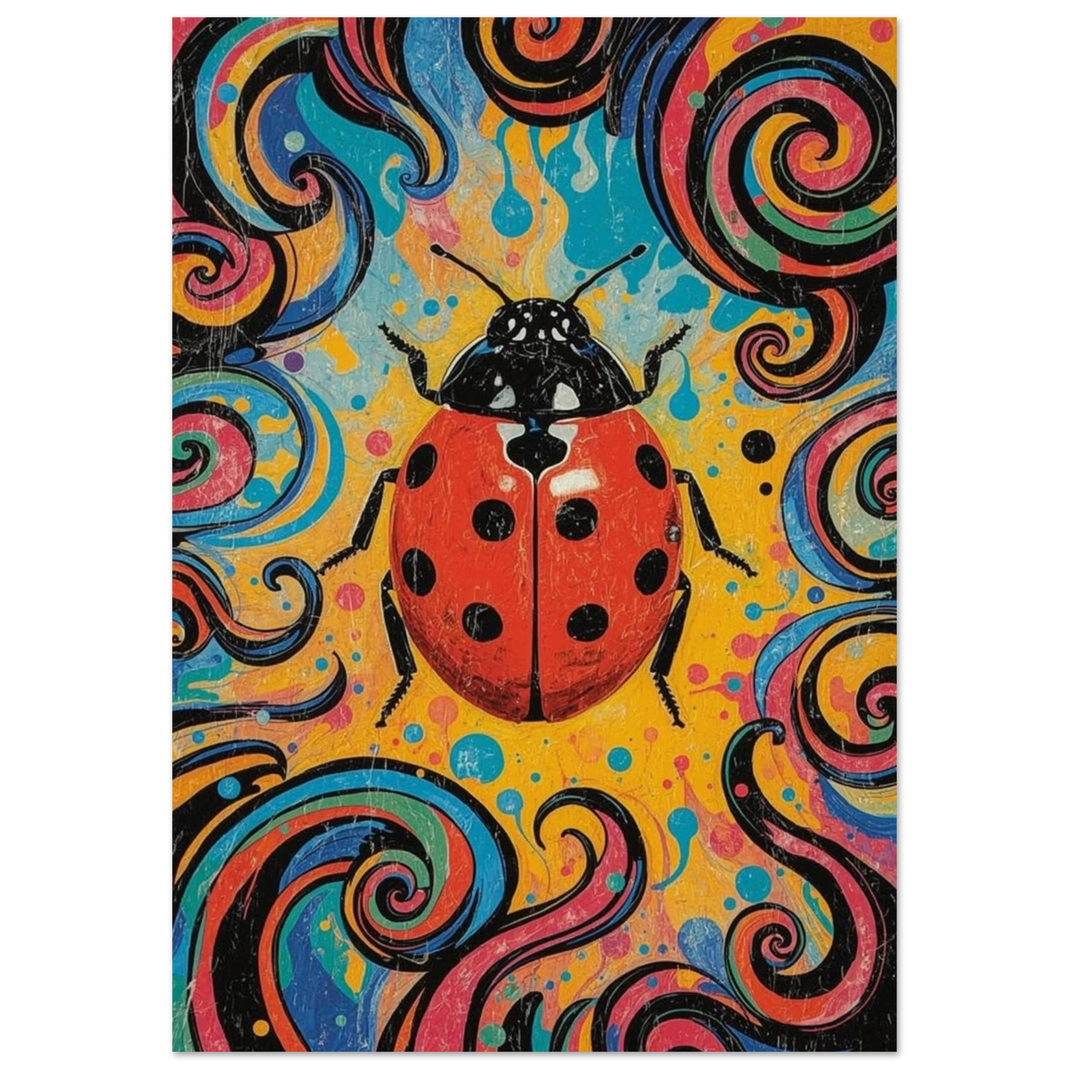 Abstrakt poster med en röd nyckelpiga i psykedelisk pop art-stil