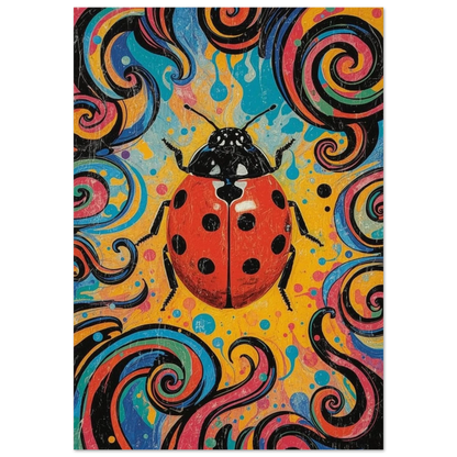 Abstrakt poster med en röd nyckelpiga i psykedelisk pop art-stil