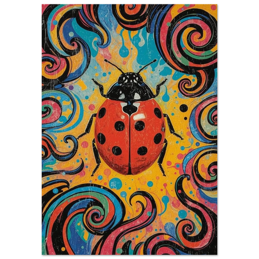 Abstrakt poster med en röd nyckelpiga i psykedelisk pop art-stil
