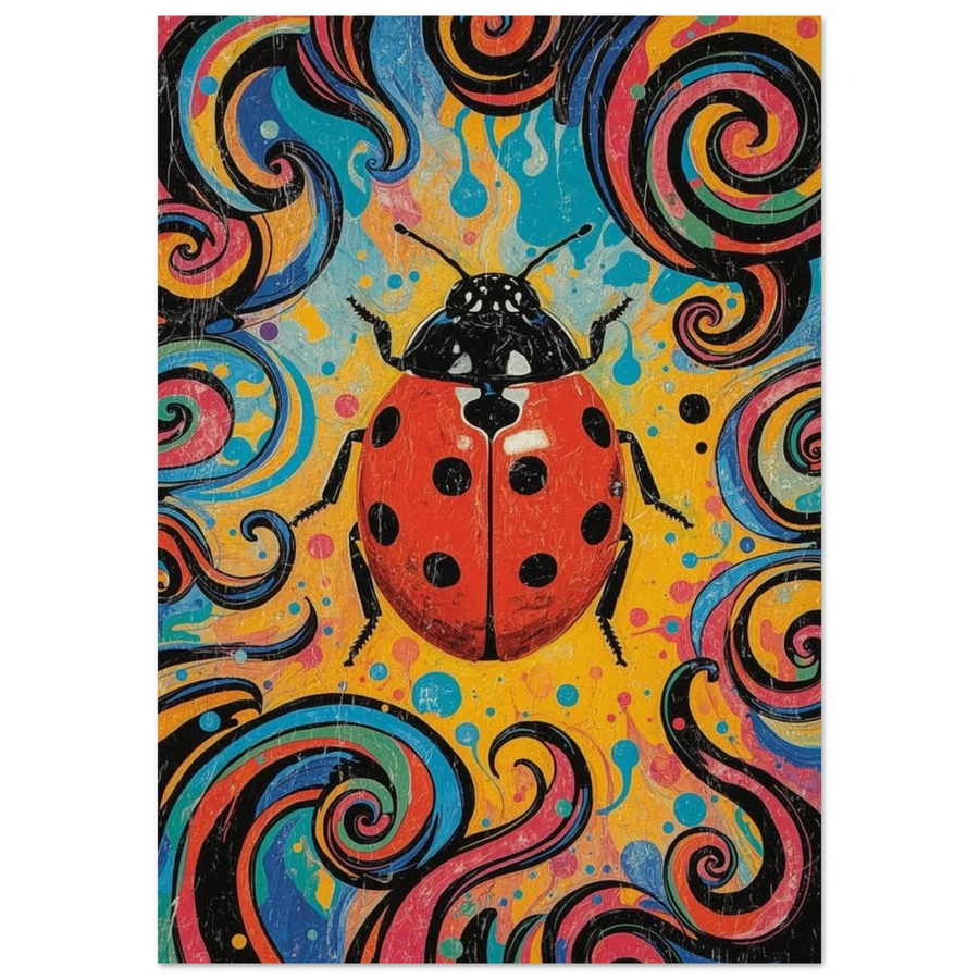 Abstrakt poster med en röd nyckelpiga i psykedelisk pop art-stil