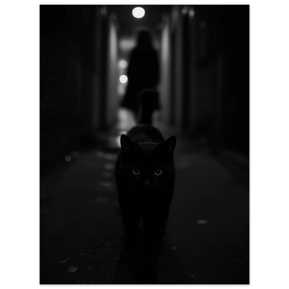 Svart katt som framträder ur mörkret, stilren monokrom väggkonst