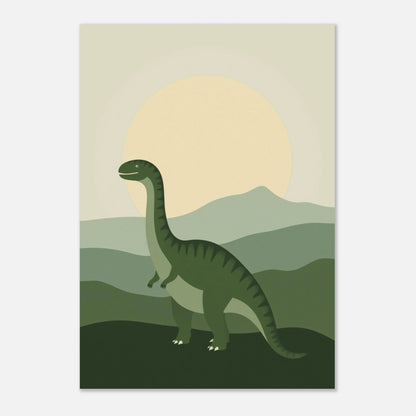 Stiliserad grön dinosaurie framför en stor sol i ett mjukt backlandskap