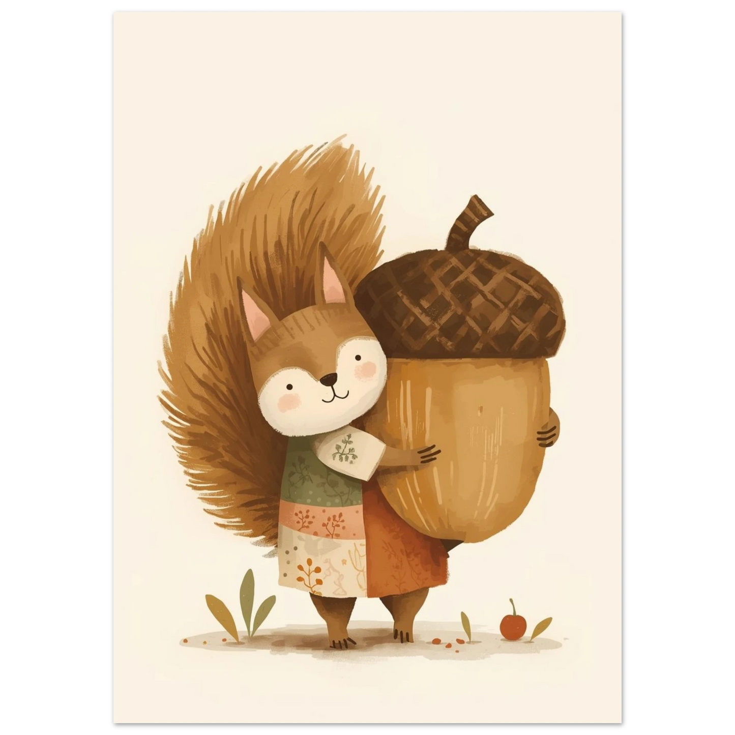 Illustration av en ekorre i klänning som håller ett stort ekollon. – Tecknad poster