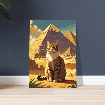Katt framför egyptiska pyramider i vintage reseposterstil