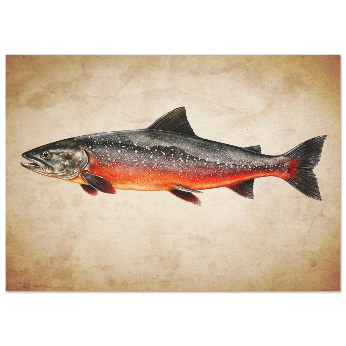 Närbild på fiskfjäll och fenor på en röding-illustration – retro poster