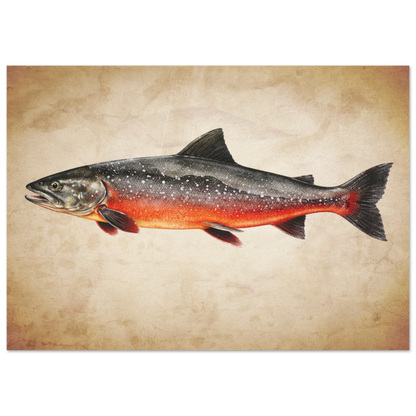 Närbild på fiskfjäll och fenor på en röding-illustration – retro poster