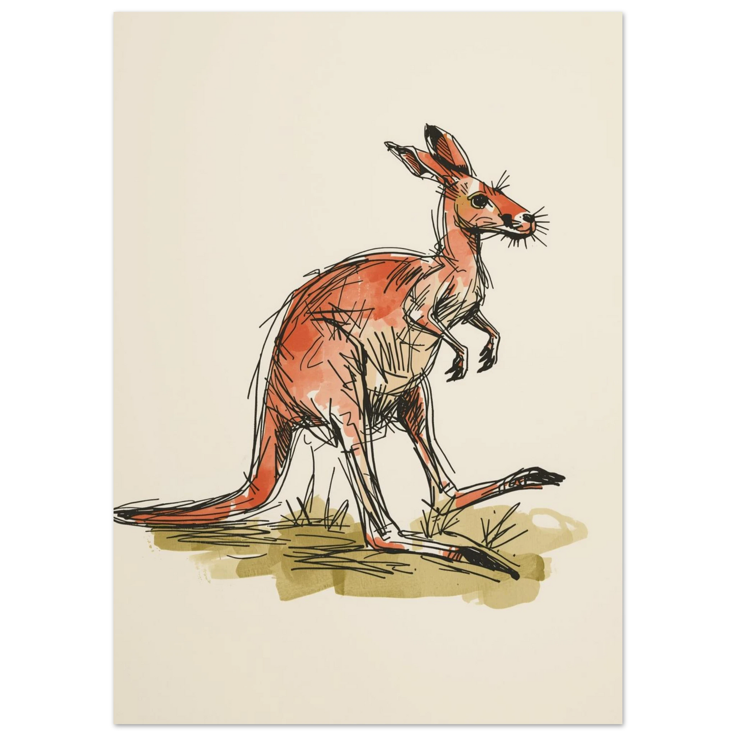 Konstnärlig illustration av en känguru i varma terrakottatoner och bläck