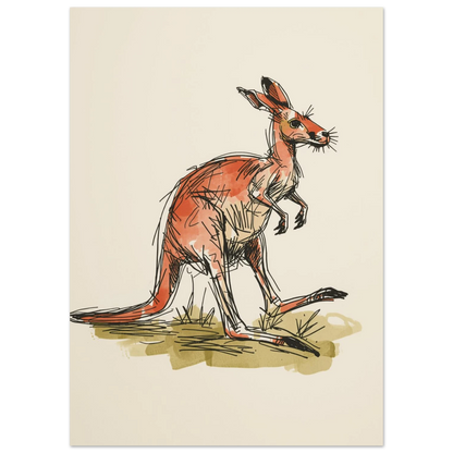 Konstnärlig illustration av en känguru i varma terrakottatoner och bläck
