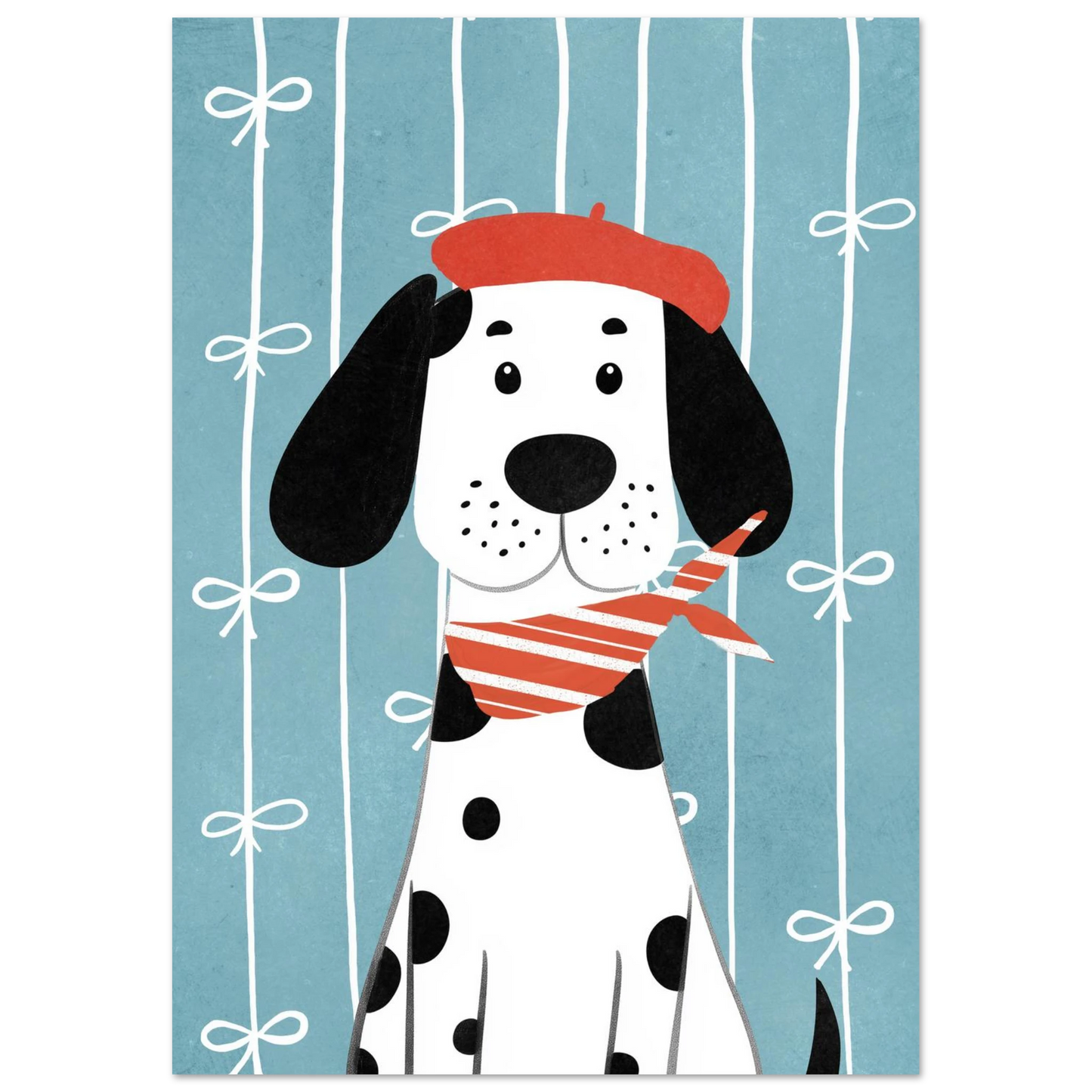 Lekfull hundposter föreställande dalmatiner med röd basker och scarf