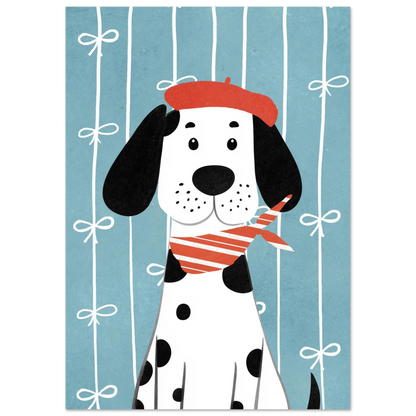 Lekfull hundposter föreställande dalmatiner med röd basker och scarf