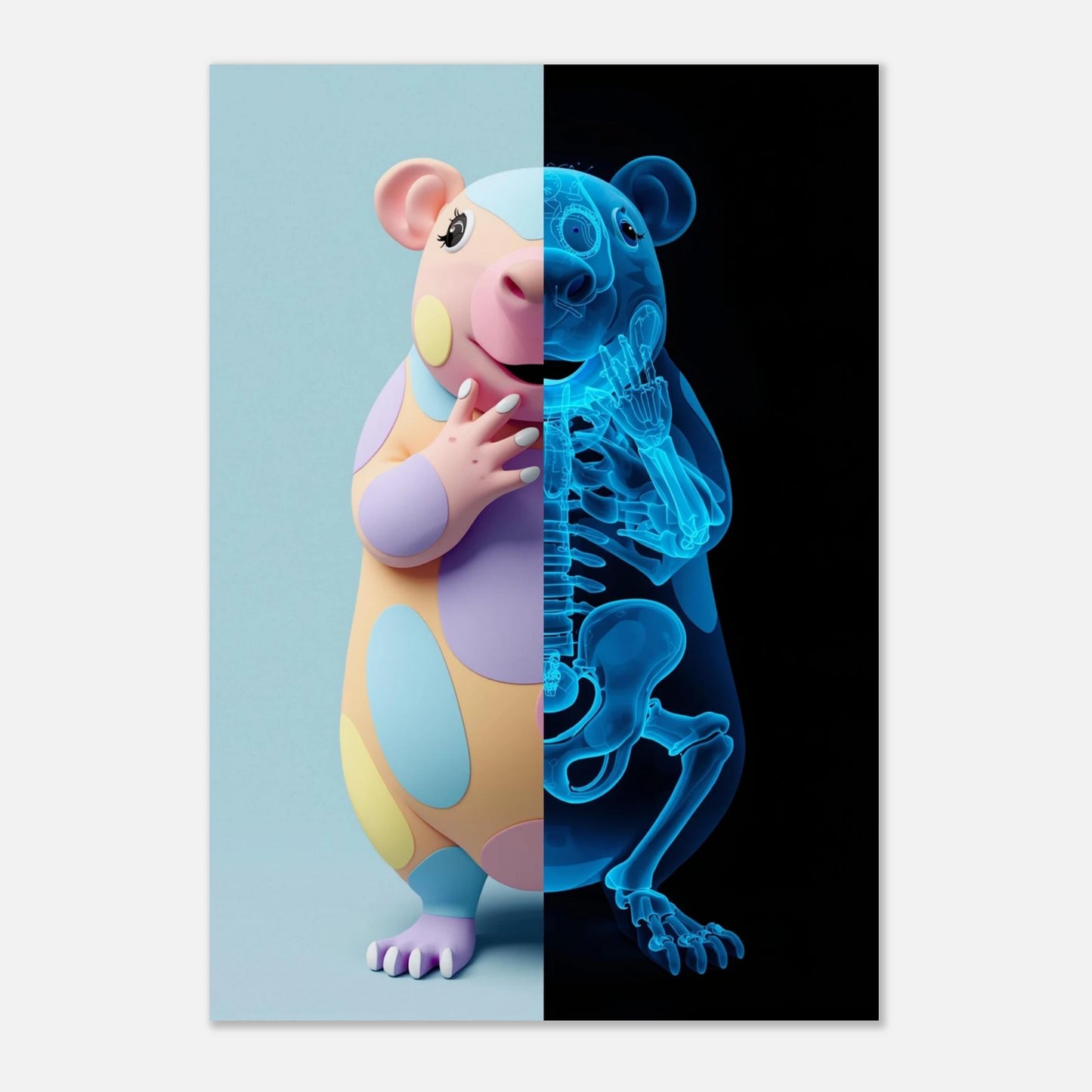 Anatomisk illustration av en kapybara i pastellrosa och neonblå röntgen