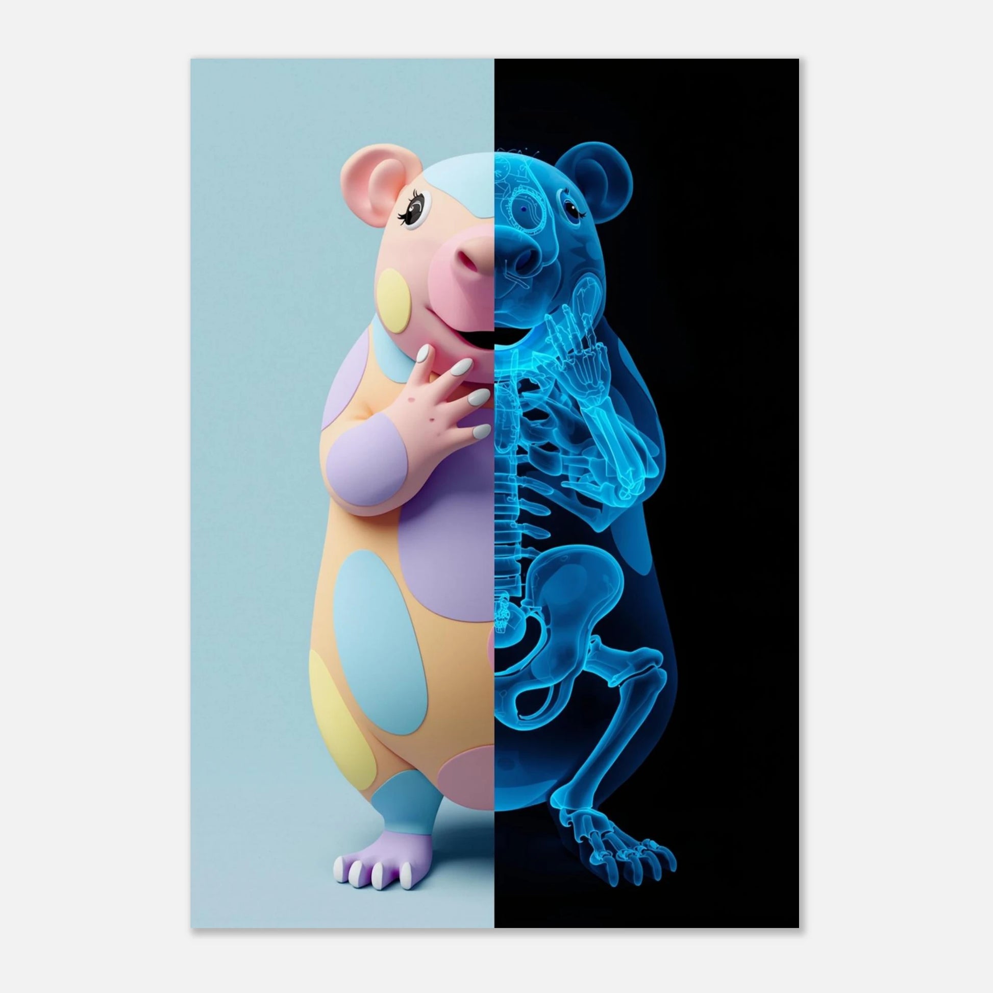 Anatomisk illustration av en kapybara i pastellrosa och neonblå röntgen