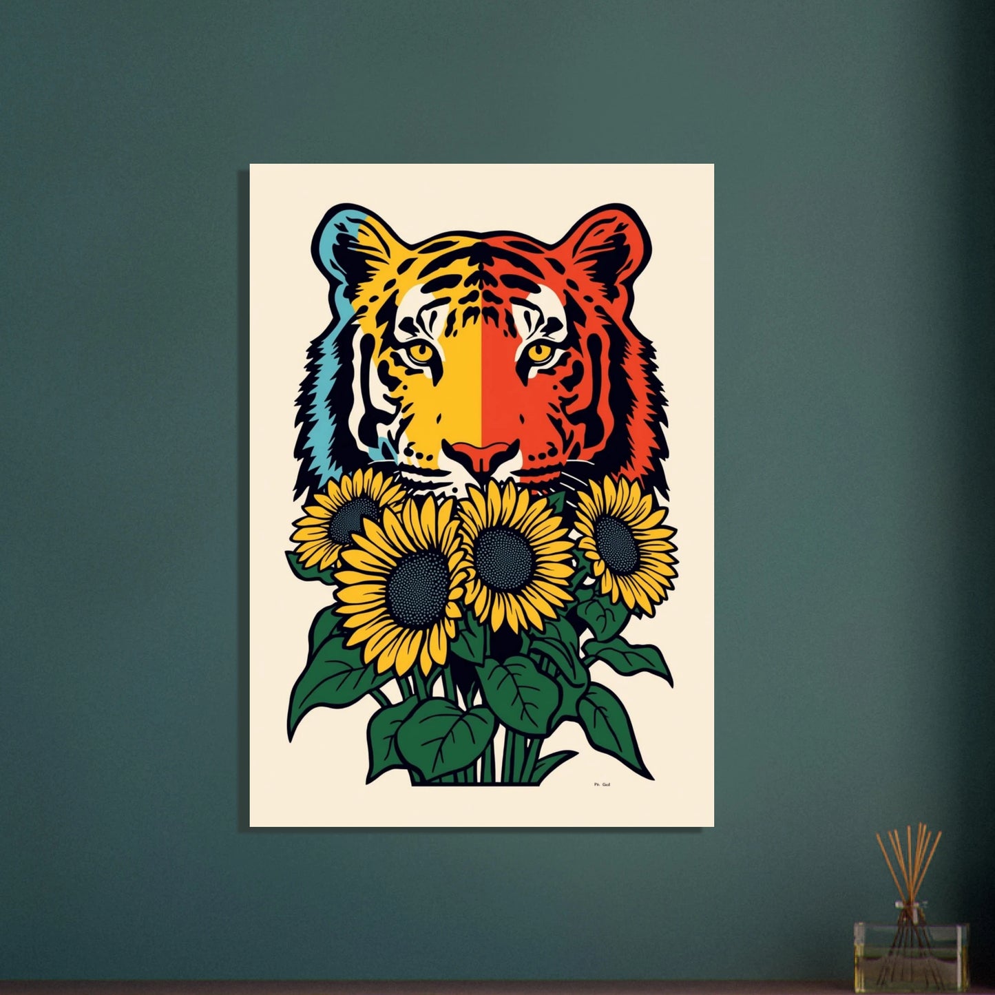 Färgstark tiger med solrosor, konstnärlig pop art-stil