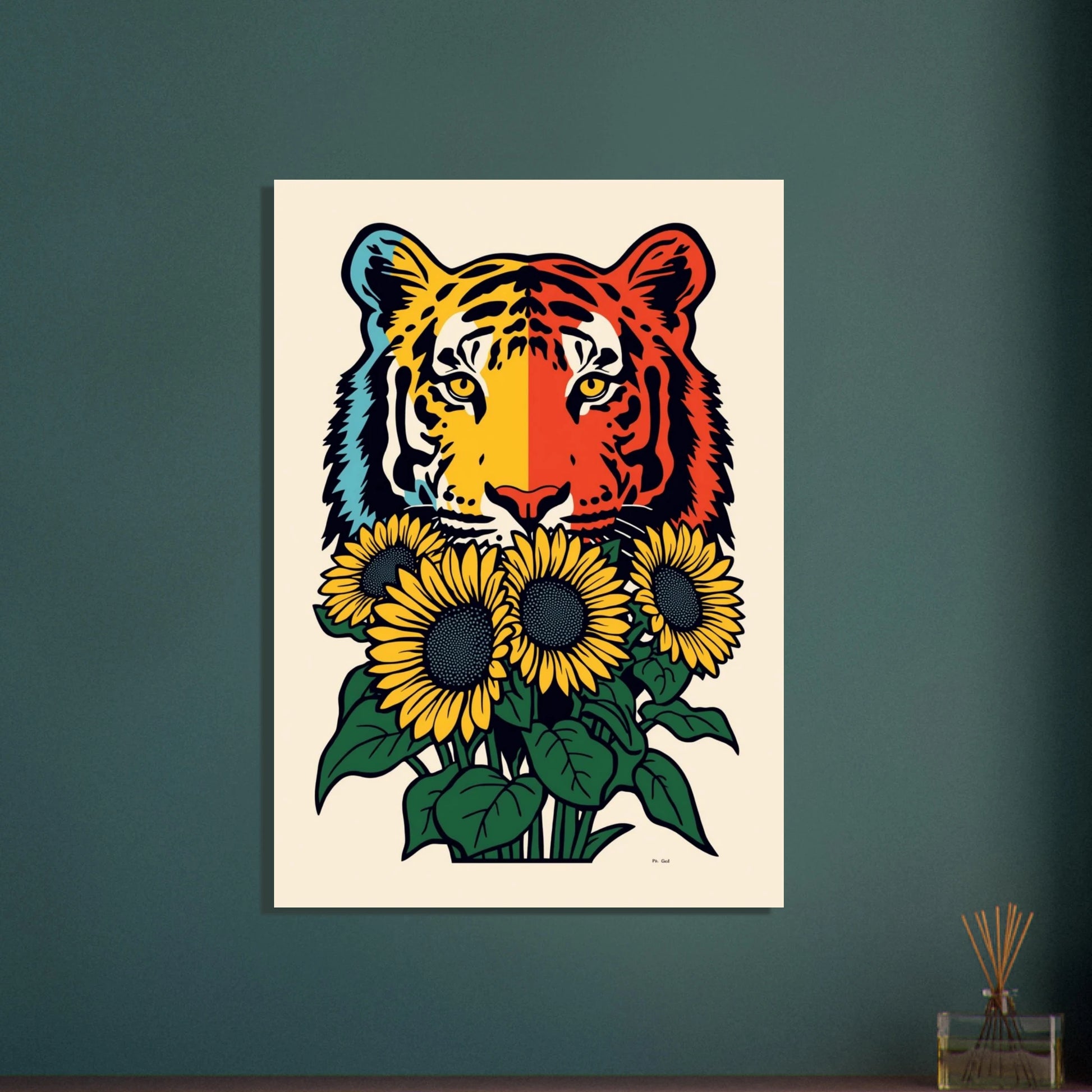 Färgstark tiger med solrosor, konstnärlig pop art-stil