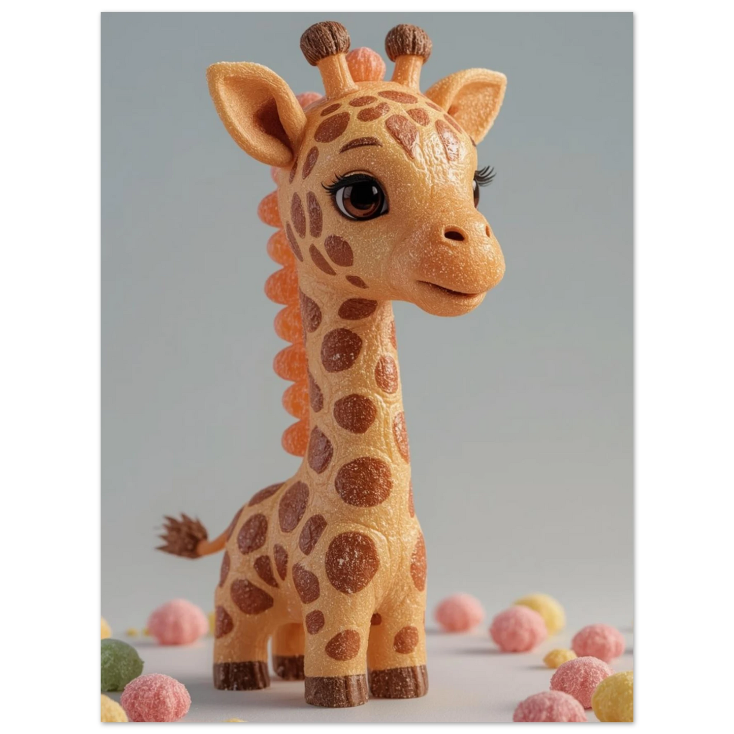 Fantasifull giraff i 3D-illustration omgiven av färgglada små godisbollar