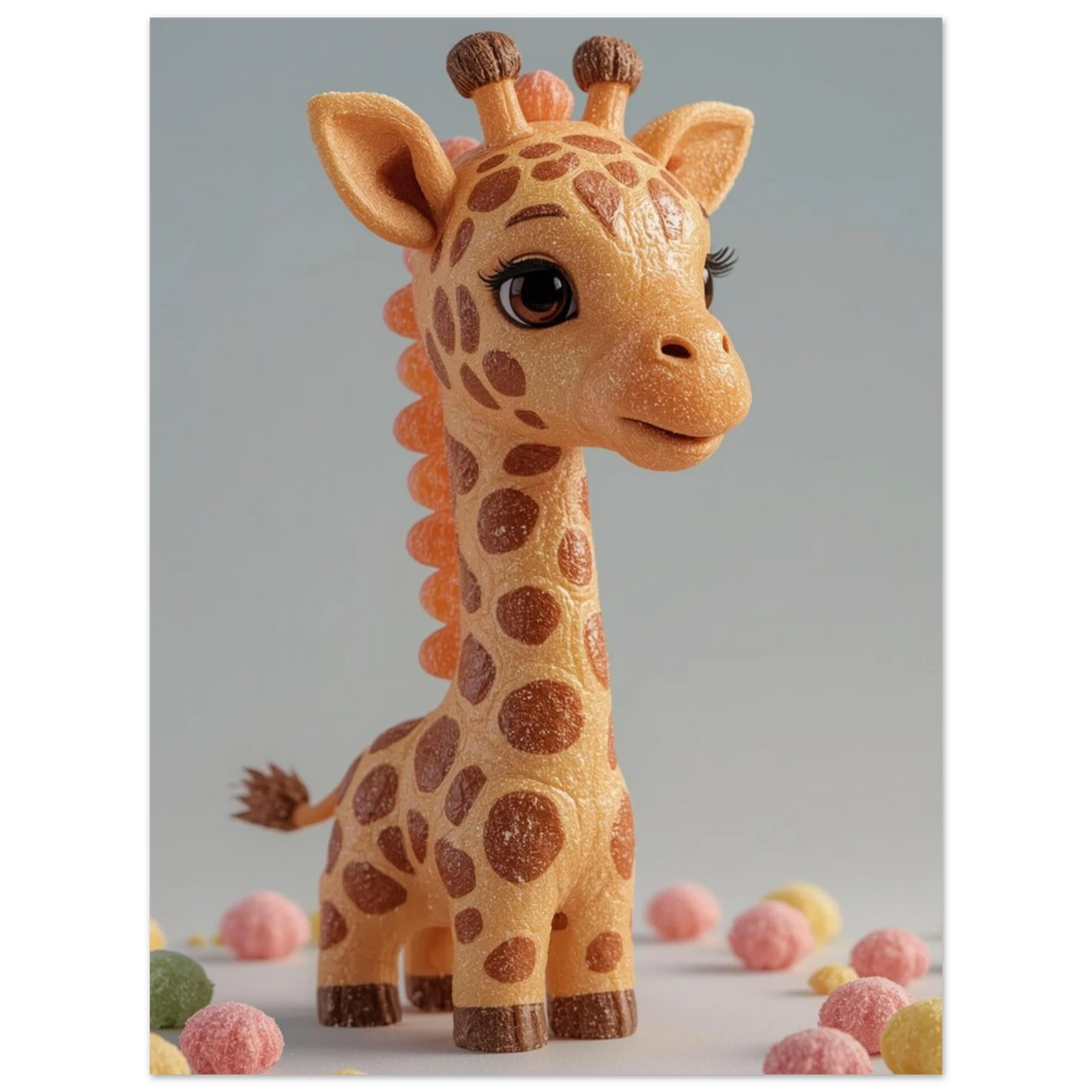 Fantasifull giraff i 3D-illustration omgiven av färgglada små godisbollar