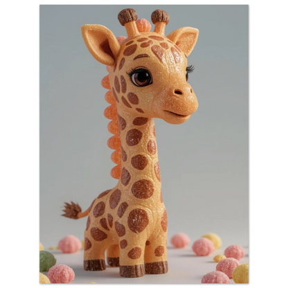 Fantasifull giraff i 3D-illustration omgiven av färgglada små godisbollar