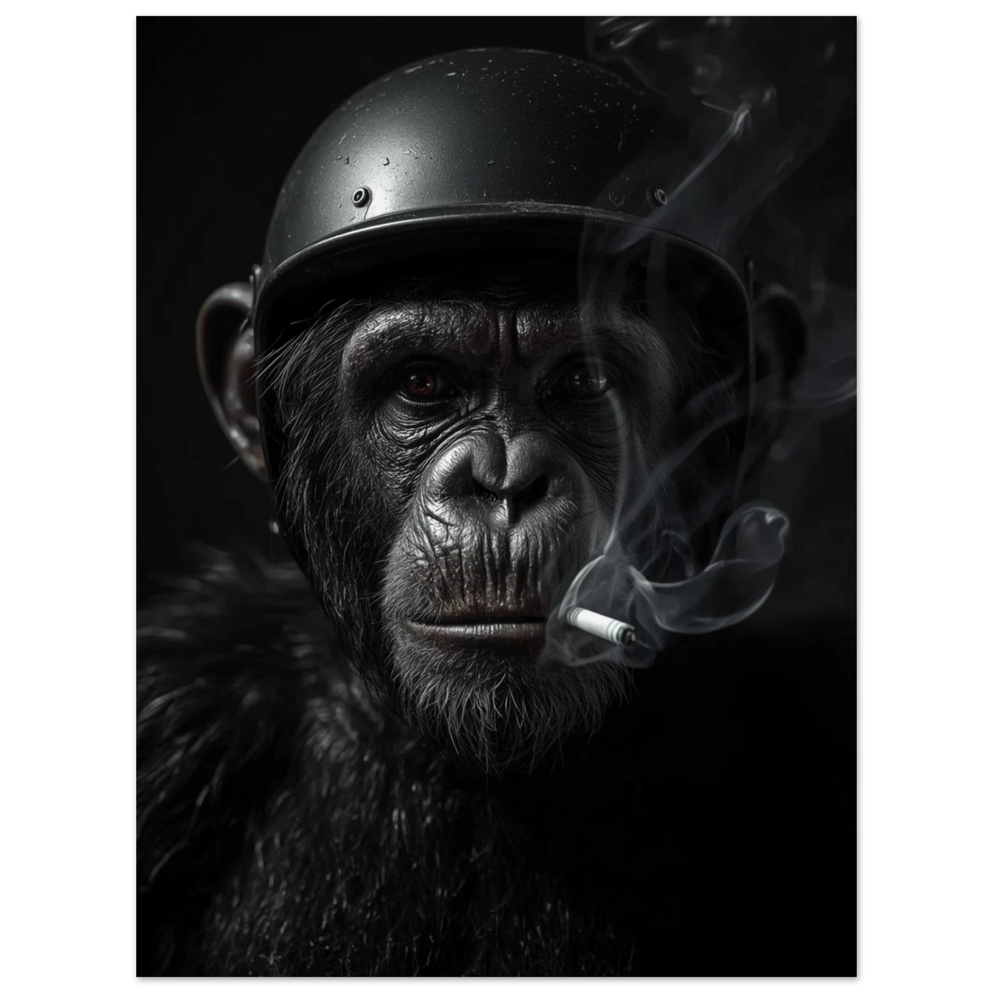Svartvit-inspirerad bild av schimpans i hjälm med cigarett – väggkonst