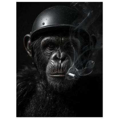 Svartvit-inspirerad bild av schimpans i hjälm med cigarett – väggkonst